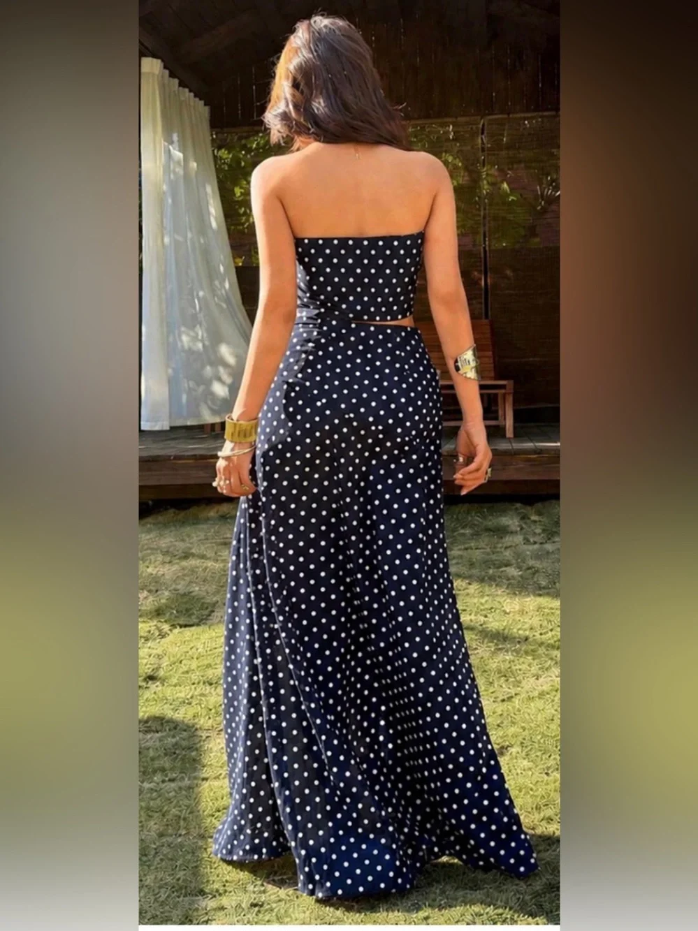 SHEIN VCAY Navy Polka Dot Cutout Maxi Dress Set NWOT Medium - Picture 3 of 3